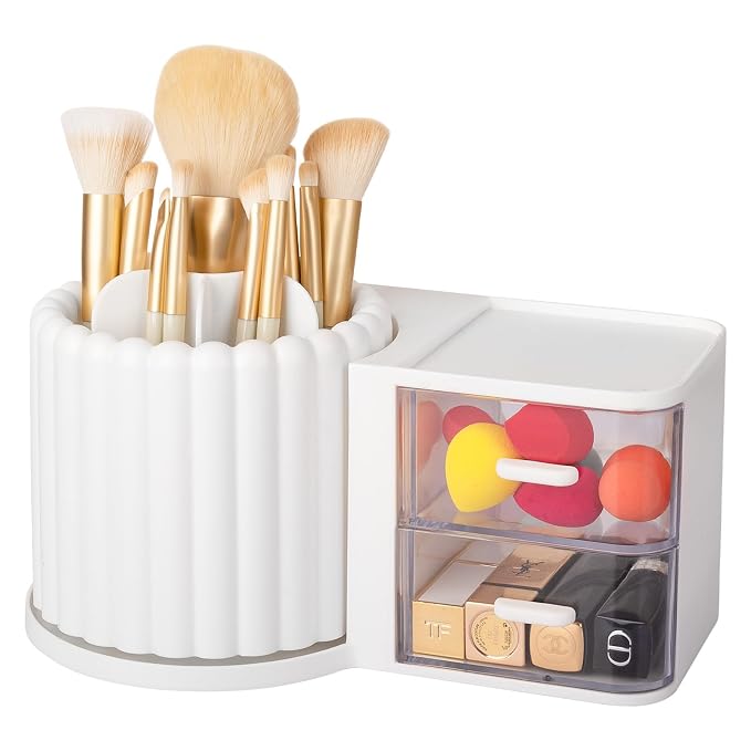 Rotating Makeup Brush Holder Organizer with Removable Dividers, White | 7 Slots Make Up Brush Organizer with Drawer 360 Spinning Cosmetic Storage Pen Holder for Desk, Vanity, Dresser