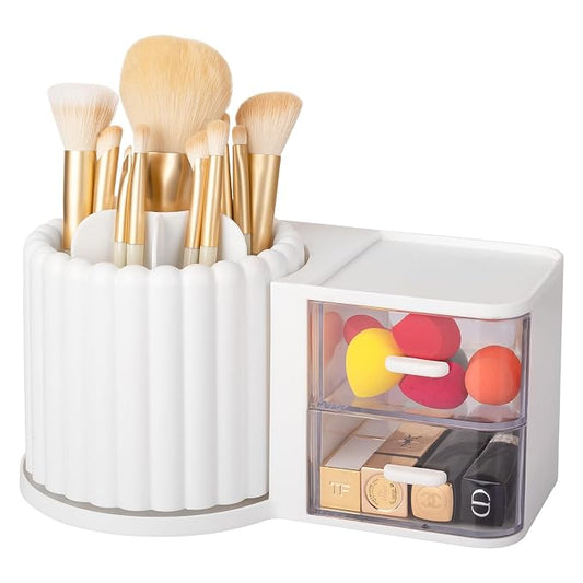 Rotating Makeup Brush Holder Organizer with Removable Dividers, White | 7 Slots Make Up Brush Organizer with Drawer 360 Spinning Cosmetic Storage Pen Holder for Desk, Vanity, Dresser