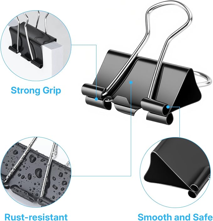 OWLKELA 240 Pcs Binder Clips, Assorted Sizes, Black | Metal Paper Clamps, Paper Binder Clip, Ideal for Office, Home and School Supplies