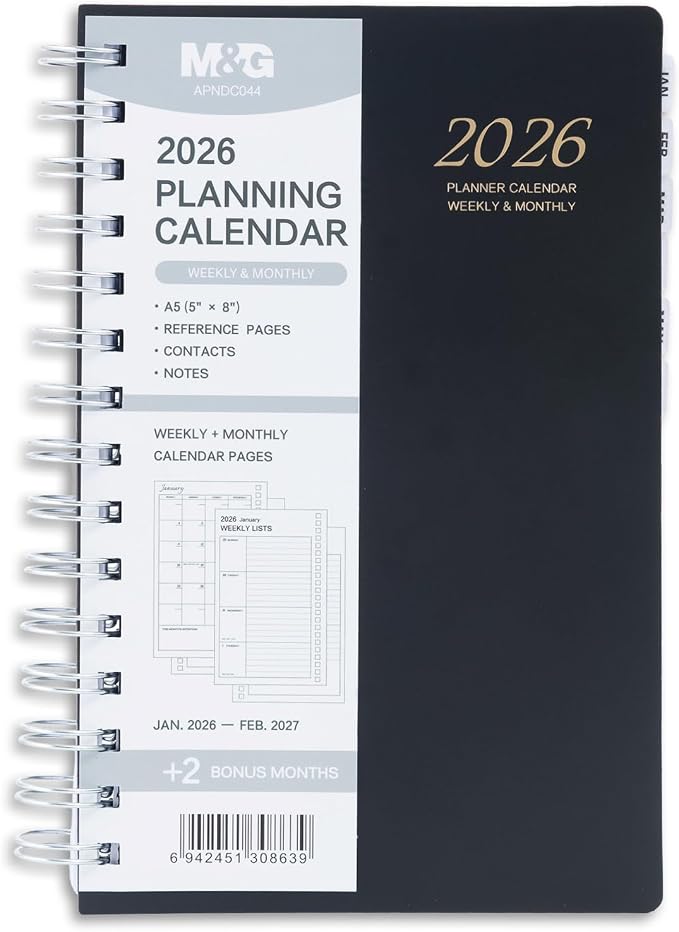 M&G 2026 Planner, Weekly and Monthly Planner Calendar, Jan 2026-Feb 2027 Agenda Book With Monthly Tabs for School Work Home Supplies, A5 8x5