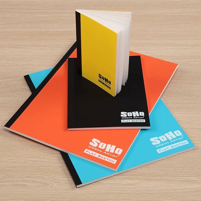 SoHo Urban Artist Tape Bound Lay Flat Sketch Book, Blue Cover, 9x12 30 Sheets, Smooth Mixed Media Sketchbook, 71lb. (106 GSM) Paper Travel Art Journal, Customizable Soft Cover