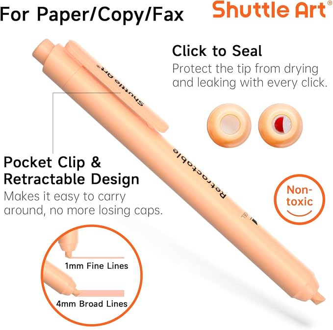 Shuttle Art Retractable Highlighters Assorted Colors, 12 Colors(6 Pastel & 6 Neon) Chisel Tip Fluorescent Markers, Quick-Dry Aesthetic Highlighter Pens for Adults, Perfect for School Office Home