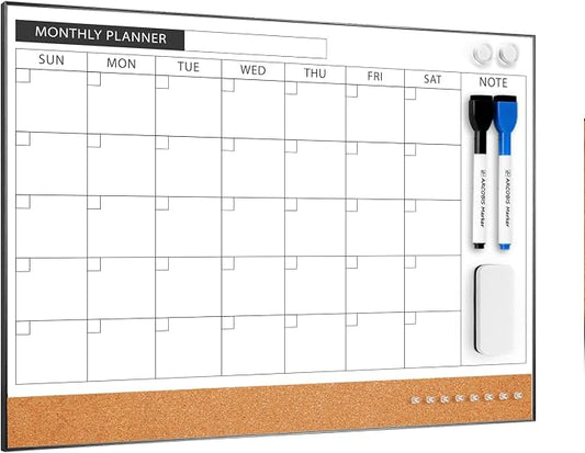 ARCOBIS Dry Erase Calendar with Cork Board for Wall, 11.6"x 15.7" Magnetic Calendar Whiteboard with Black Frame, Monthly Combination Board for School, Home, Office
