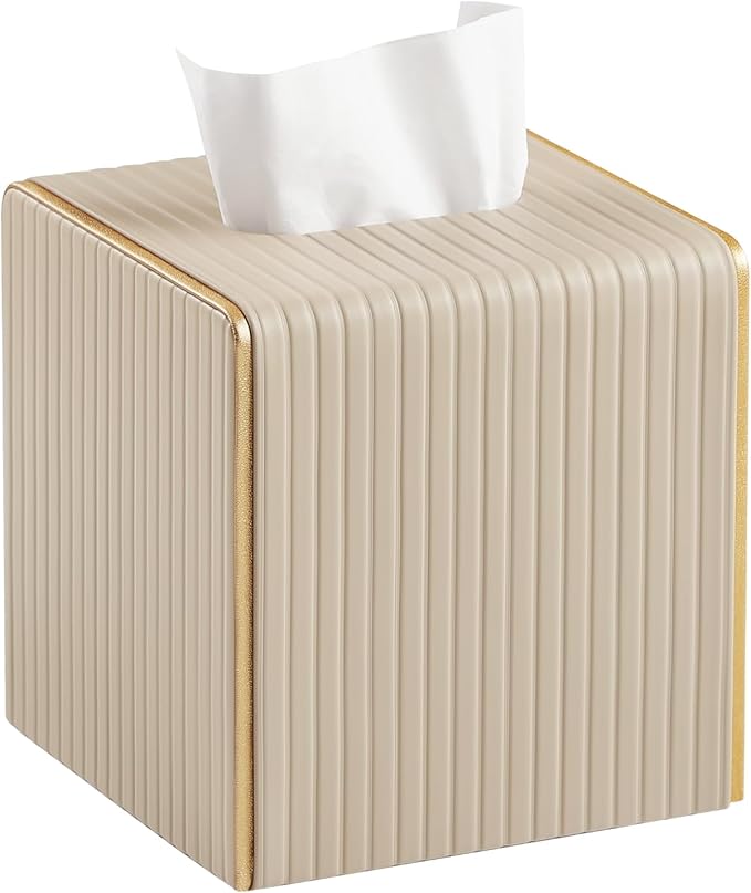 Square PU Leather Tissue Box Cover with Magnetic Closure, Decorative Tissue Holder & Storage Container for Bedroom, Living Room, Dining Room, Bathroom, Countertop, Desk & Office (Beige)