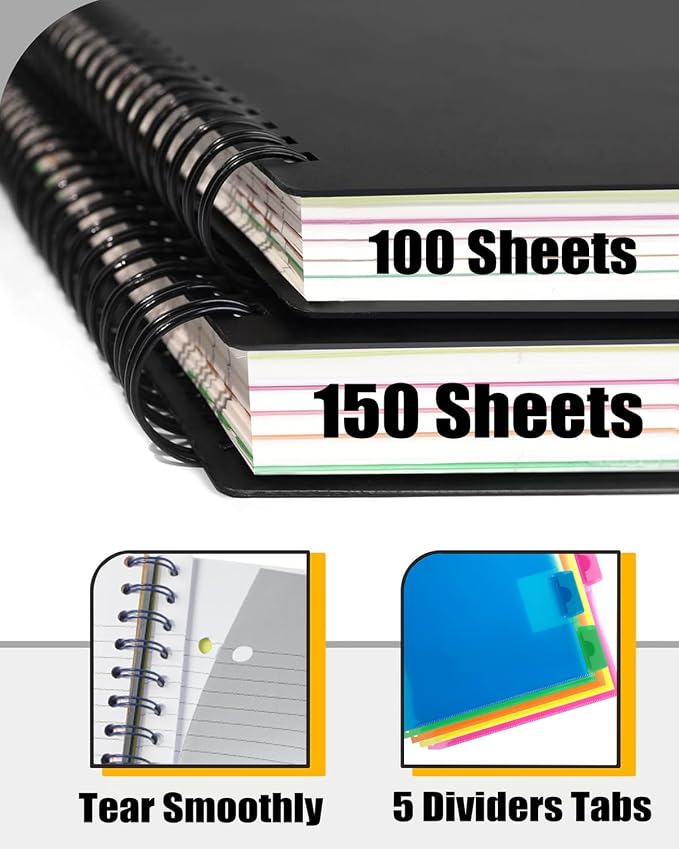 5-Subject Spiral Notebook, College Ruled, with Pocket & Tab Dividers | 300 Pages, 11" Ruler, 8.5"x11" Brown, Pocket Dividers with Tab Labels, for Writing Journal, Home, Office & School Supplies