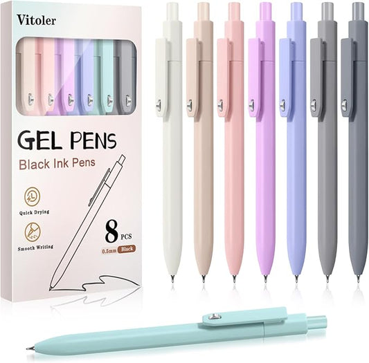Piochoo Gel Pens, 8 Pcs 0.5mm Quick Dry Black Ink Pens Fine Point Journal Pens Smooth Writing Pens, Cute Office School Supplies Gifts for Women Nurses