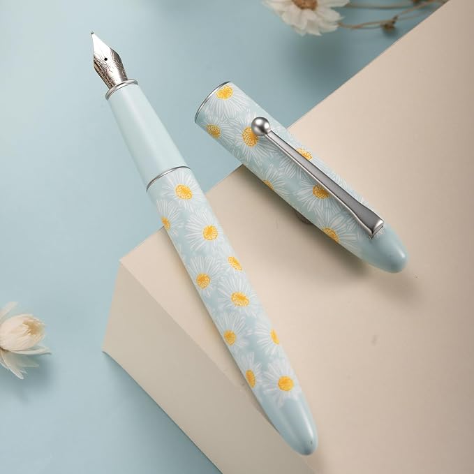HONG DIAN C3 Fountain Pen, Iridium Extra Fine Soft Nib Chinese Knot Carving, Light Blue & Little Daisy Painting Design with Metal Box Set