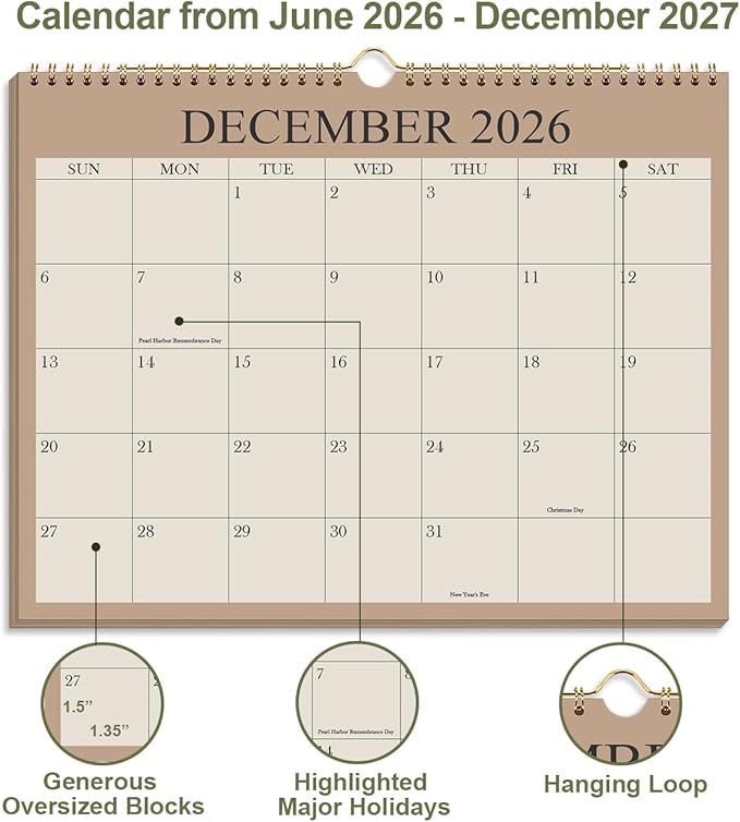 2026-2027 Calendar - Wall Calendar 2026-2027 from July 2026 Until December 2027,18 Months Calendar with Premium Paper, Twin-Wire Binding & Hanging Hook, 8.5" x 11", Green