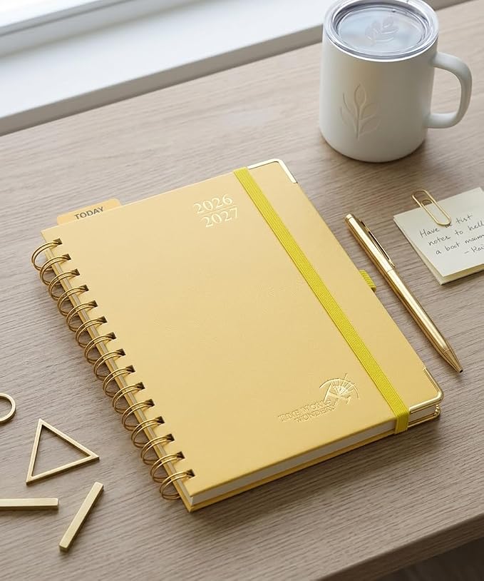 POPRUN 2026-2027 Weekly Planner 6.25" x 8.5" Weekly and Monthly Planner | Jul 2026 - Jun 2027 Daily Agenda Book with Hourly Schedule, Tabs, Hardcover, School and Office Supplies- Light Yellow