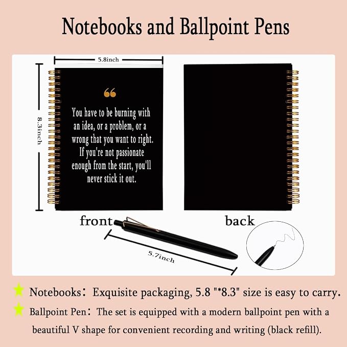 Inspirational Notebook with Pen Set, A5 College Ruled Spiral Journal, Black and Gold Office Supplies, Appreciation Gifts for Coworker Leaving, New Job, Graduation, 80 Sheets