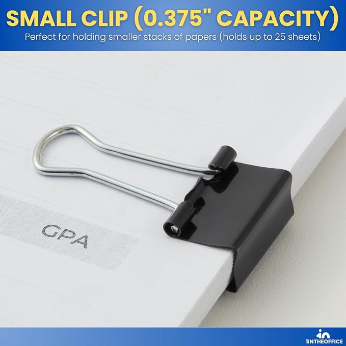 1InTheOffice Binder Clips Assorted Sizes, Paper Clamps, Small 0.75", Medium 1.25", Large 2", Metal, 24 Clips/Size, Black, 72 Pack
