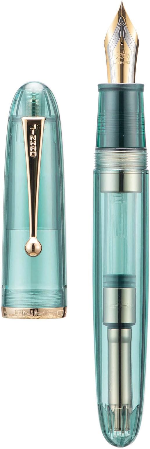 Jinhao 9019 DaDao Series Fountain Pen, Size 8 Medium Nib with Large Ink Converter, Transparent Light Blue Acrylic Design Smooth Writing Pen (Gold Trim)