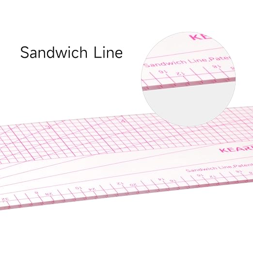 KEARING 12" 30cm Graph Ruler with Protractor - Dual Pattern Grading Tool | Clear 1.2mm flexible plastic grid ruler with built-in protractor. Dual metric imperial sandwich line scales