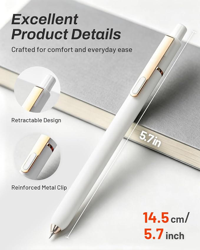 SUNEE Gel Pens, 6 Pack 0.5mm Pens Fine Point Smooth Writing Pens with Quick-Dry Black Ink, Cute Aesthetic School Office Note-Taking Pens for Journaling - White