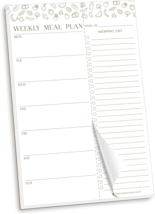 bloom daily planners Weekly Meal Planning Pad - Magnetic Hanging Refrigerator Menu Planner with Tear-Off Sheets & Perforated Grocery Shopping Lists - 6” x 9” - Modern Gold