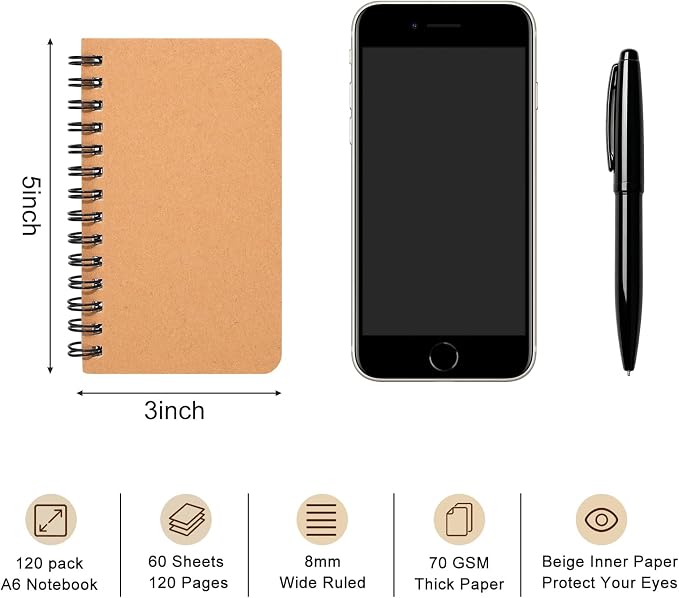 miikoul 120 Pack Spiral Memo Pads 3x5 Inch Small Pocket Notebooks with Double Twin-Wire Binding 60 Sheets/120 Pages Khaki Kraft Cover Mini Journal Notepads Ruled for Note Taking School Office Supplies