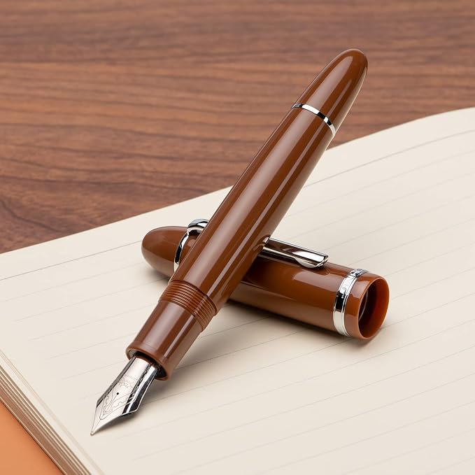 Jinhao X159 Brown Acrylic Fountain Pen, Size 8 Extra Fine Nib Silver Trim Classic Design Smooth Writing Pen with Converter