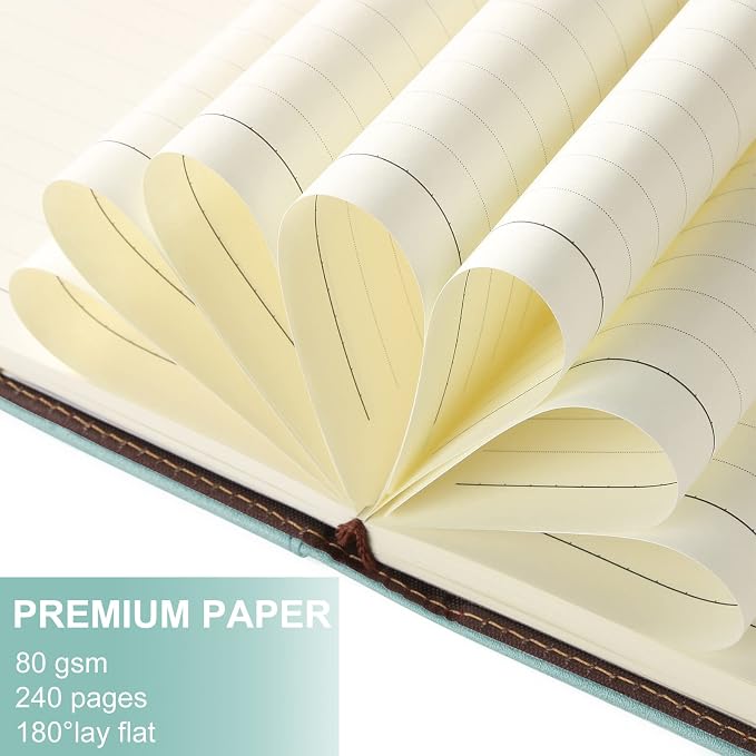 A5 Lined Leather Journal with Pen, 240 Pages Refillable Hardcover Notebook with Pocket and Magnetic Buckle, 80gsm Thick Daily Diary for Men Women, Great Gift for Business Travel Personal - Light Green
