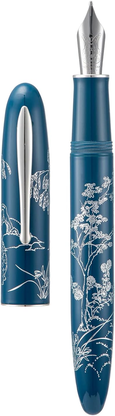 HONG DIAN N23 Blue Rabbit Fountain Pen, Long Blade Medium Nib Silver Trim, New Year Lucky Rabbit Carving Design, Smooth Writing Pen with Converter and Metal Pen Box Set