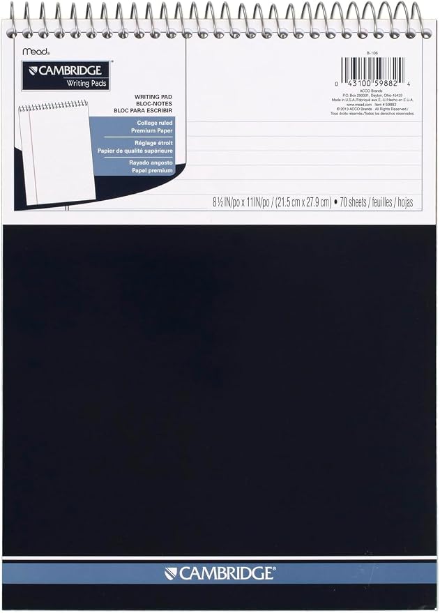 Cambridge Spiral Notebook,College Ruled Paper,8-1/2" x 11",70 Sheets,Top Bound,Navy (59882),(Pack of 12)