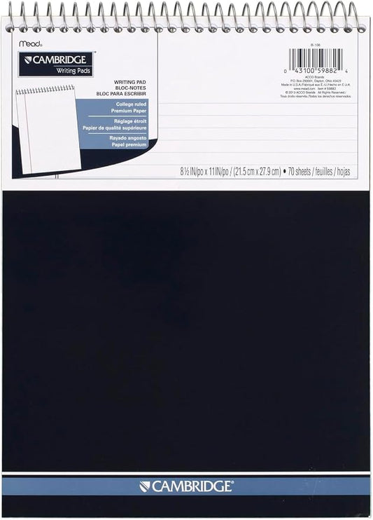 Cambridge Spiral Notebook,College Ruled Paper,8-1/2" x 11",70 Sheets,Top Bound,Navy (59882),(Pack of 12)