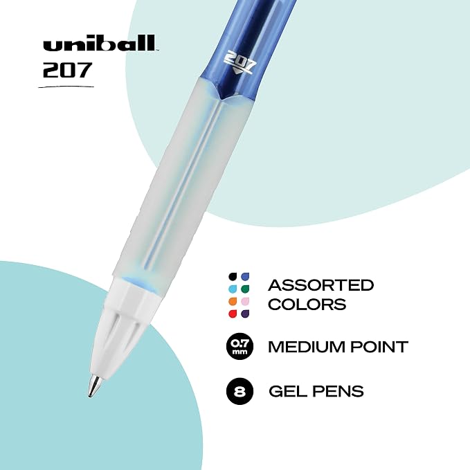 uniball 207 Fashion Retractable Gel Pens, Medium Point (0.7mm), Assorted, 8 Pack