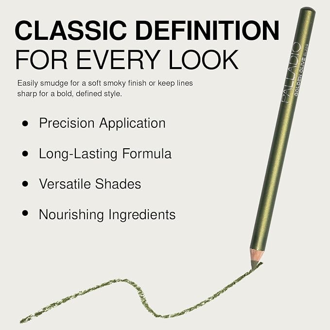 Palladio Wooden Eyeliner Pencil, Thin Pencil Shape, Easy Application, Firm yet Smooth Formula, Perfectly Outlined Eyes, Contour and Line, Long Lasting, Rich Pigment, Golden Olive