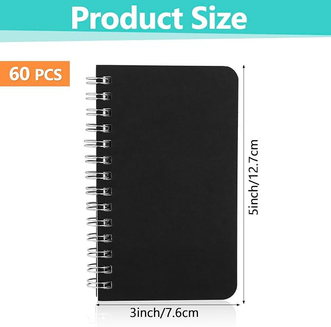 60 Pack Mini Spiral Notebooks, 3x5 Inch Small Pocket Notebooks, Black Cardboard Cover Memo Pads with Lined Pages, Small Spiral Notepads for Home Office Travel(60 Sheets/120 Pages)