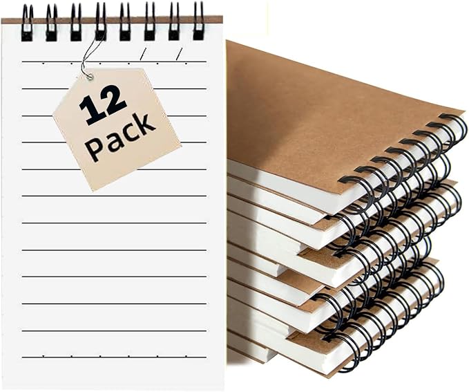 12Pack Pocket Notebooks, 3x5 Inch 60 Sheets/120 Pages 9MM Wide Ruled‌ Mini Kraft Spiral Notebook, Small Notepads, Top Bound Pocket Size Note Pads With Lined Pages,Memo Pads For Home,School,Office(12)