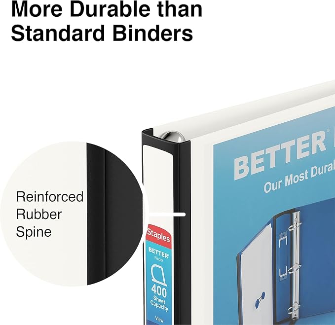 Staples Better Binder, 1.5" Heavy‑Duty D‑Ring 3‑Ring Binder, White, Reinforced Spine, Holds 400 Sheets, Long‑Lasting School & Office Organizer, 3‑Pack