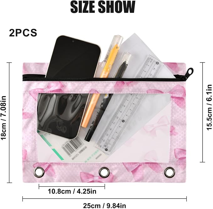 Bow Tie Pencil Pouch Fits Standard 3-Ring Binders, Zipper Binder Pencil Bag with Clear Window for Office 2 Pack