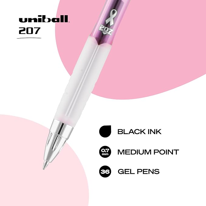 uniball 207 Pink Ribbon Retractable Gel Pens, Medium Point (0.7mm), Black, 36 Pack