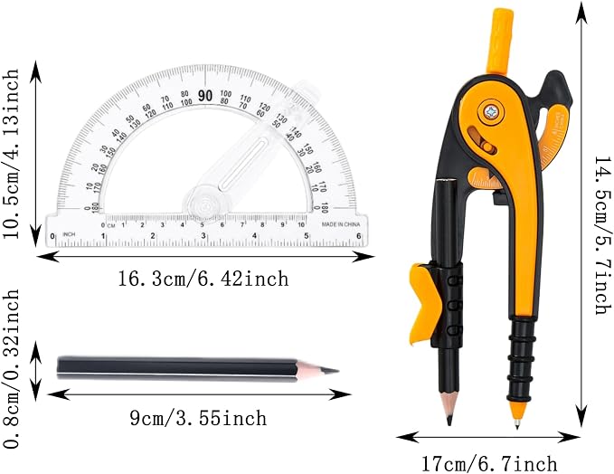 Vobou Compass and Protractor Set, 6 Inch Protractor with Swing Arm (Orange) | Compasses for Math for Drafting, Sharpener, Eraser and 180 Degree 6 Inch Clear Protractor, Easy Grip, School Supplies
