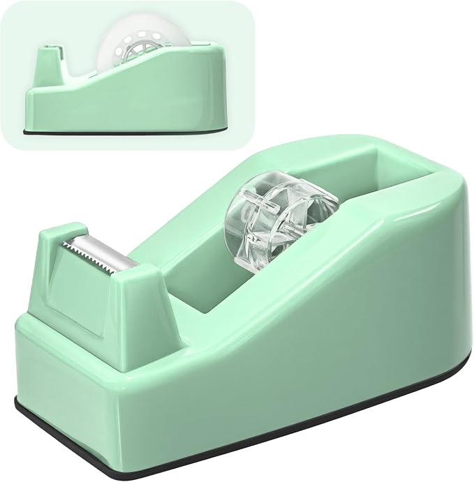 Desktop Office Tape Dispenser, Fits Standard 1-Inch Core Tapes, Weighted Base, Sharp Metal Blade, Smooth Cutting, Adhesive Roll Holder for Office, School, Shop, Home & Business - Green