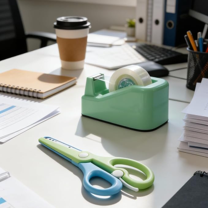 XEUZK Desktop Tape Dispenser Kits with Weighted Nonskid Base Tape Dispenser- Includes 9 Rolls of Transparent Tape(0.71 Inch x 500 inches Each) & Blue Scissors, 2 Pcs Tweezers (Green)