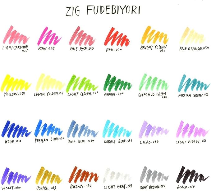Kuretake ZIG FUDEBIYORI Brush Pens 24 Colors set, AP-Certified, Odourless, Xylene free, Flexible Hard brush tip, Effective for both details and larger spaces, Professional quality, Made in Japan