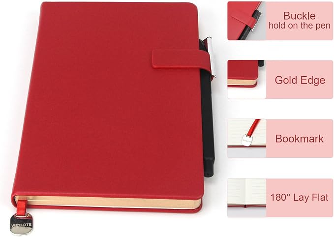 A5 Hard Cover Lined Notebook, Pen Holder & Gold Edges, 180° Lay Flat Journal, Large 5.7 x 8.4 in, Bookmark & Gift Box, Business Notebook for Work, Study, Travel(Red)