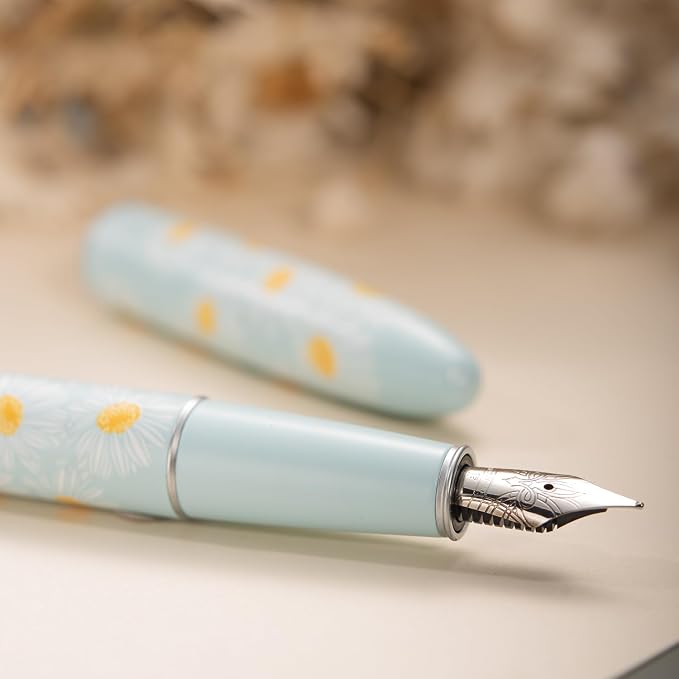 HONG DIAN C3 Fountain Pen, Iridium Fine Soft Nib Chinese Knot Carving, Light Blue & Little Daisy Painting Design with Metal Box Set
