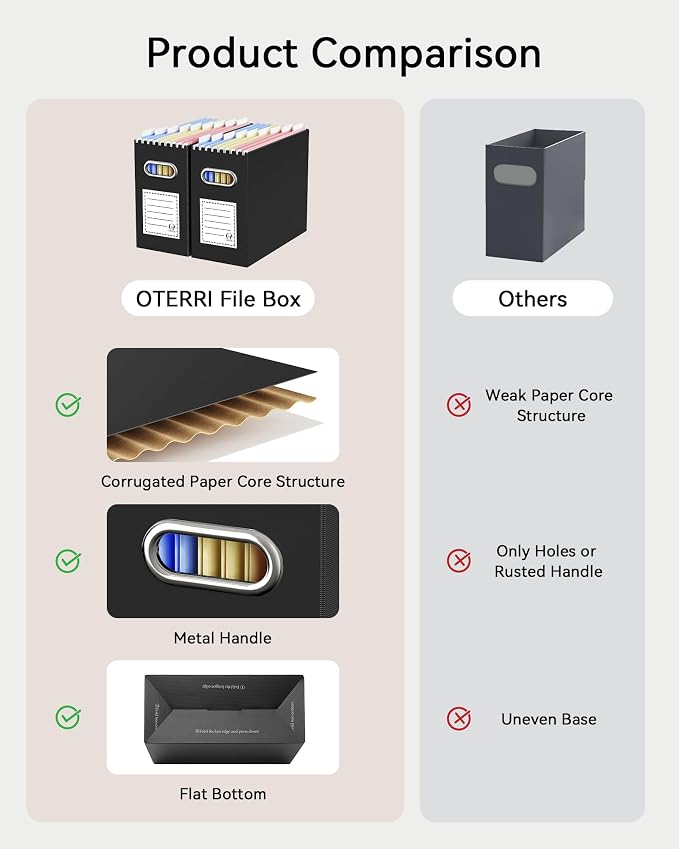 Oterri Cardboard File Organizer Box for Hanging File Folders Letter Size,File Box for Computer Desk,File Cabinet,Working Home,Office,Classroom (Black+Beige, Letter Size - 2 Packs)