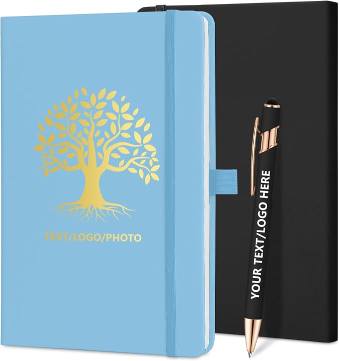ENOMY Personalized Notebook 10 PC Pens Custom Notebook with Pen Holder Personalized Journal Strap Design for Men Women Ideal Gift, Sky Blue