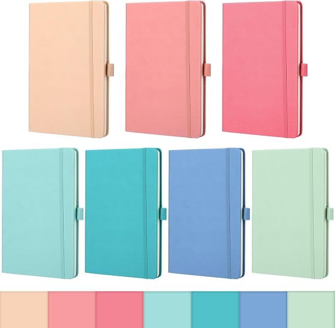 Laumoi 7 Pack Hardcover Journal Notebooks Bulk A5/A4/B5 Journaling Notebook Wide Ruled PU Leather Ruled Lined Journals with Pen Holder for School Business Work Writing (Rococo Color,A5)