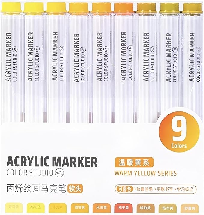 Yellow Acrylic Paint Pen Markers, 9 Colors Soft Brush Tip Paint Pens for Wood Glass Eggs Rock Painting Canvas Stone Fabric DIY Crafts Making Art Supplies (Yellow)