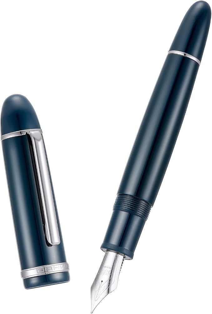Jinhao X159 Dark Blue Acrylic Fountain Pen, Size 8 Medium Nib Silver Trim Classic Design Smooth Writing Pen with Converter