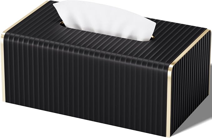 Tissue Box Cover,Black Rectangle PU Leather Tissue Holder with Gold-Tone Edging Accents,Tissue Box Cover for Bathroom Toilet Bedroom Living Room Table Desk Office,Countertop