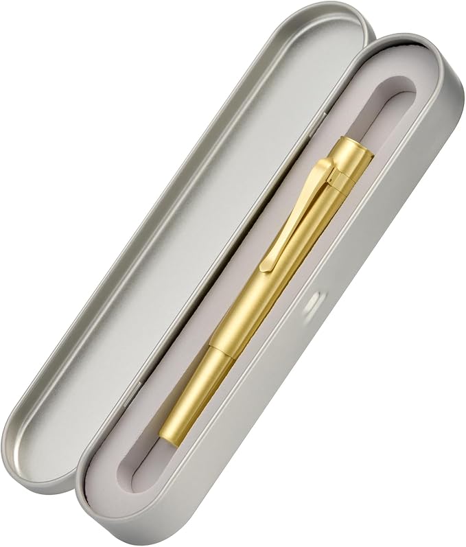 HONG DIAN M2 Mini Brass Fountain Pen with Bent Nib, Sleek Shape Short Pocket Travel Pen (Glossy Brass)