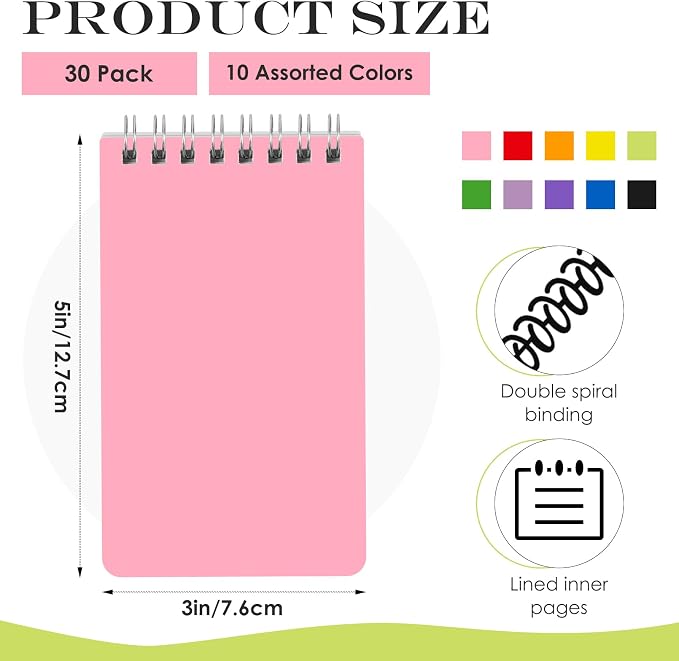 30 Pack Small Spiral Notebooks, 3 x 5 Inch Memo Pads | Mini Top Spiral Memo Pads, Lined Memo Pads, Pocket Notebook for Home, School, Office, 60 Sheets, 120 Pages