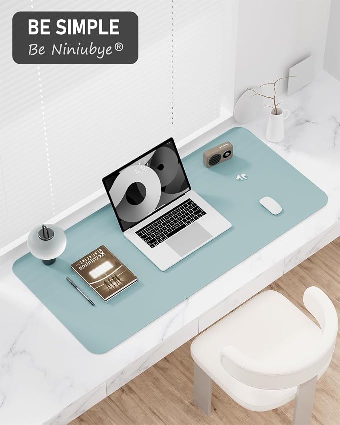 Desk Pad, 23.6" x 13.8" PU Leather Non-Slip Desk Mat Large Mouse Pad for Desktop, Waterproof Laptop Computer Writing Mat for Office, Home, Work, Gaming, Lake Blue