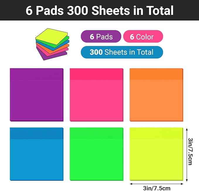 EUSOAR Transparent Sticky Notes, 300 Sheets 3x3 Inch Neon 6 Colors Planner Reminders Bible Sticky Notes Clear, Translucent Book Annotation Page Flags Stickers Nursing Note Pads for Home Work