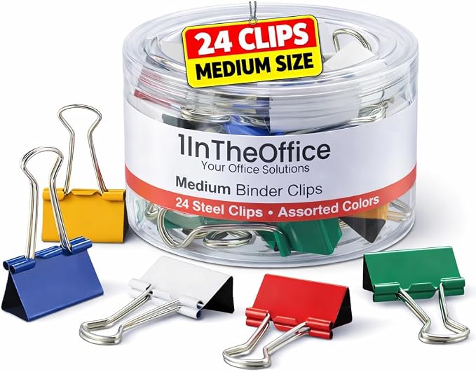 1InTheOffice Medium Binder Clips, Paper Clamps, Colored Binder Clips, 5/8" Capacity, Assorted Color, 24 Pack