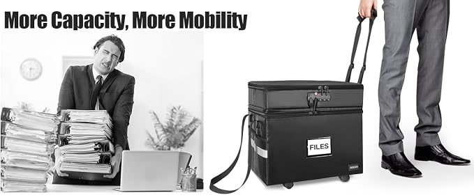 DEEGO 3 Layer Rolling File Box, Fireproof Document Box with Wheels | Multi-Layer Water-Resistant File Organizer Portable file Cabinet for Home Office for Hanging Letter/Legal Folder